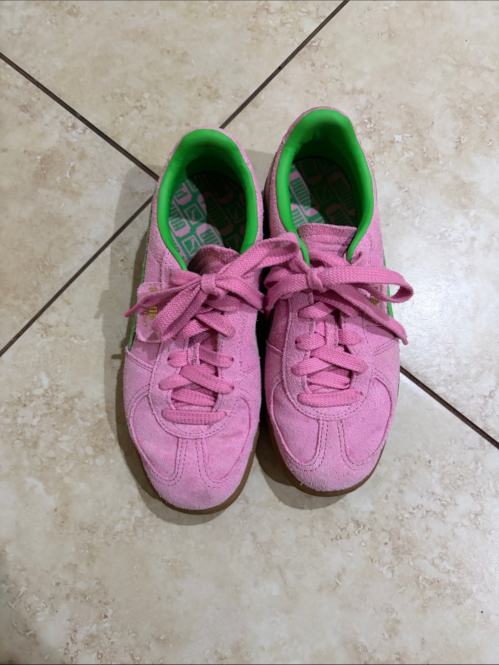 Puma Pink Suede Sneakers with Green Lining